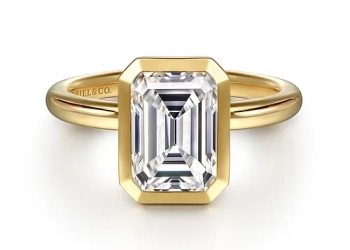 14K Yellow Gold Emerald Cut Bezel Set Solitaire Diamond Engagement Ring