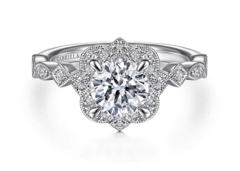 Vintage Inspired 14K White Gold Fancy Halo Round Diamond Engagement Ring