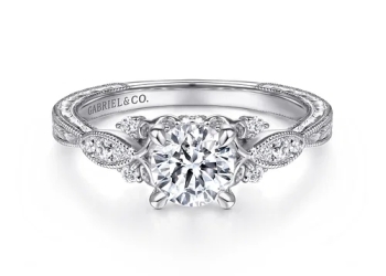 Vintage Inspired 14K White Gold Round Diamond Engagement Ring