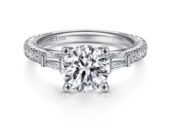 Vintage Inspired 18K White Gold Round Three Stone Diamond Engagement Ring