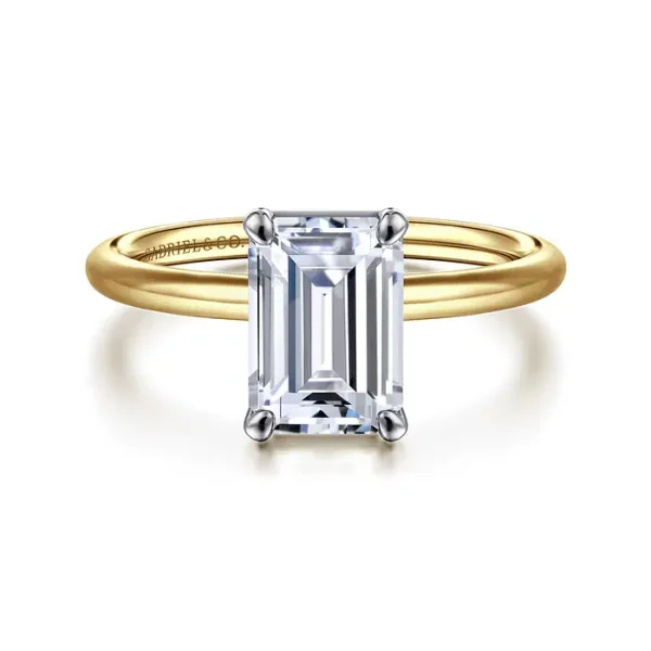 Yellow-White Gold Emerald Cut Solitaire Diamond Engagement Ring