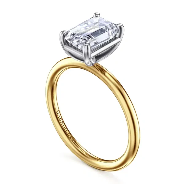 Yellow-White Gold Emerald Cut Solitaire Diamond Engagement Ring - Image 3